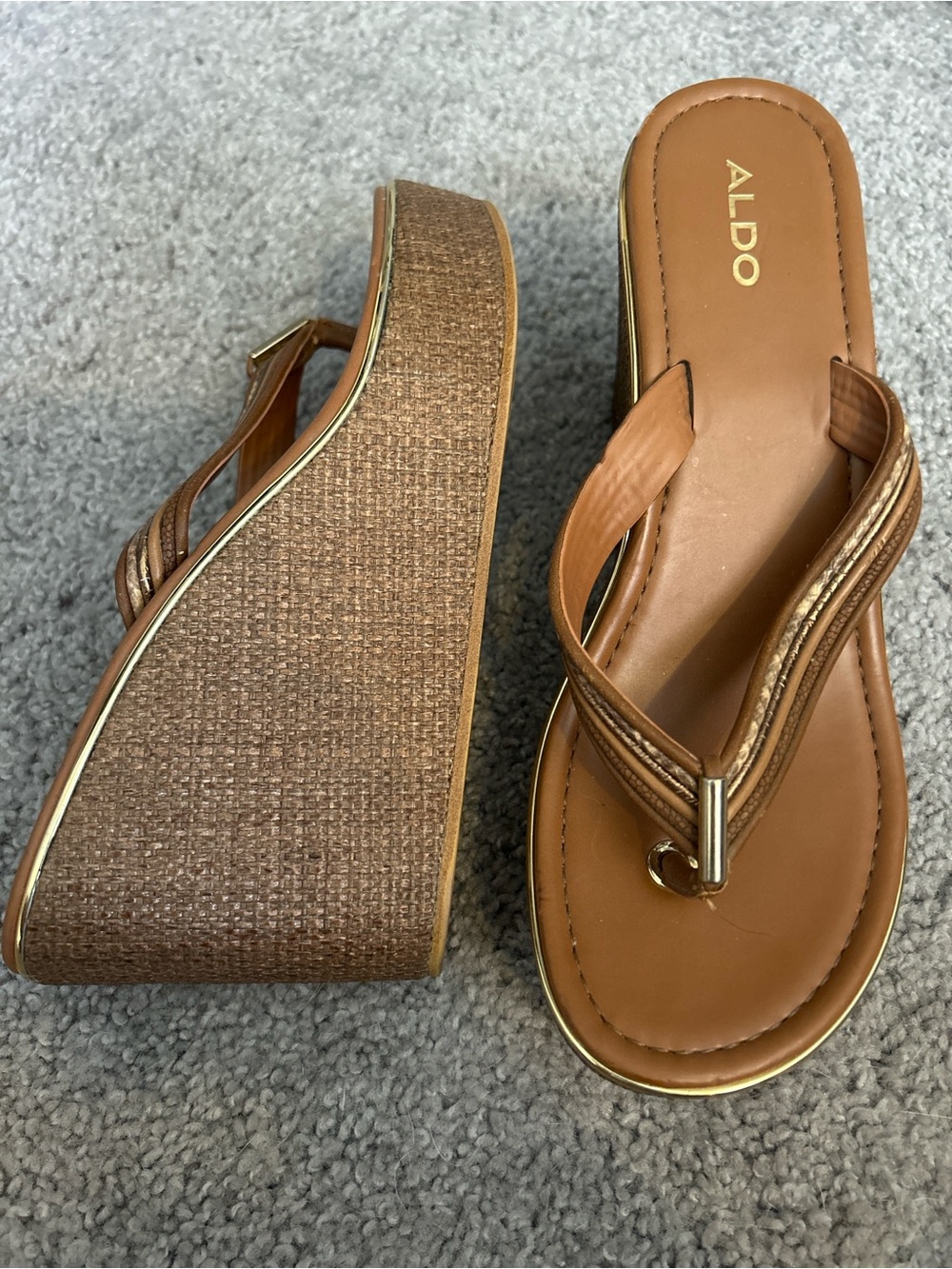 ALDO Tan/Brown Woven Wedge Thong Sandals with Gold Trim